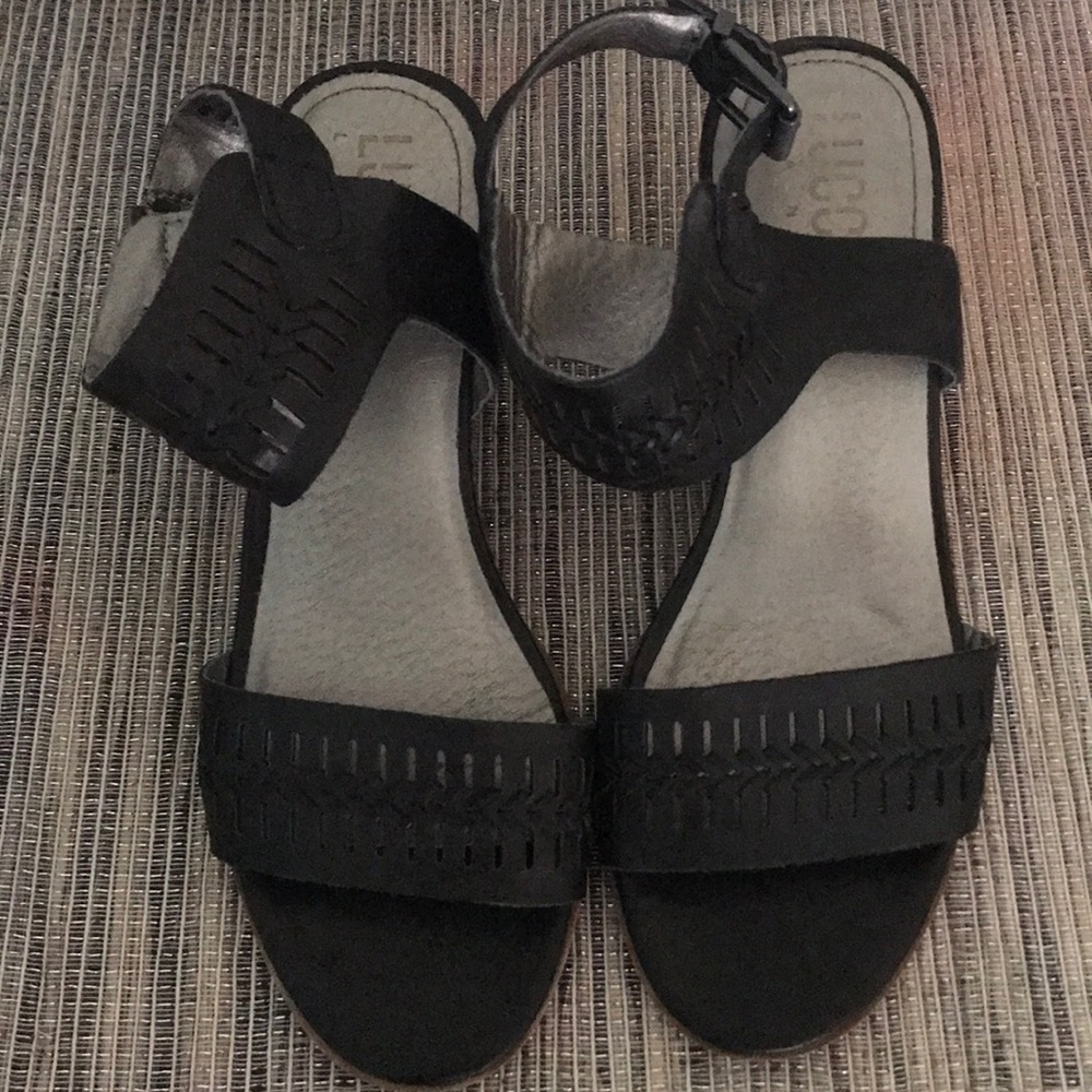 Lucca Lane Black & Tan Wedge Heel Leather Sandals